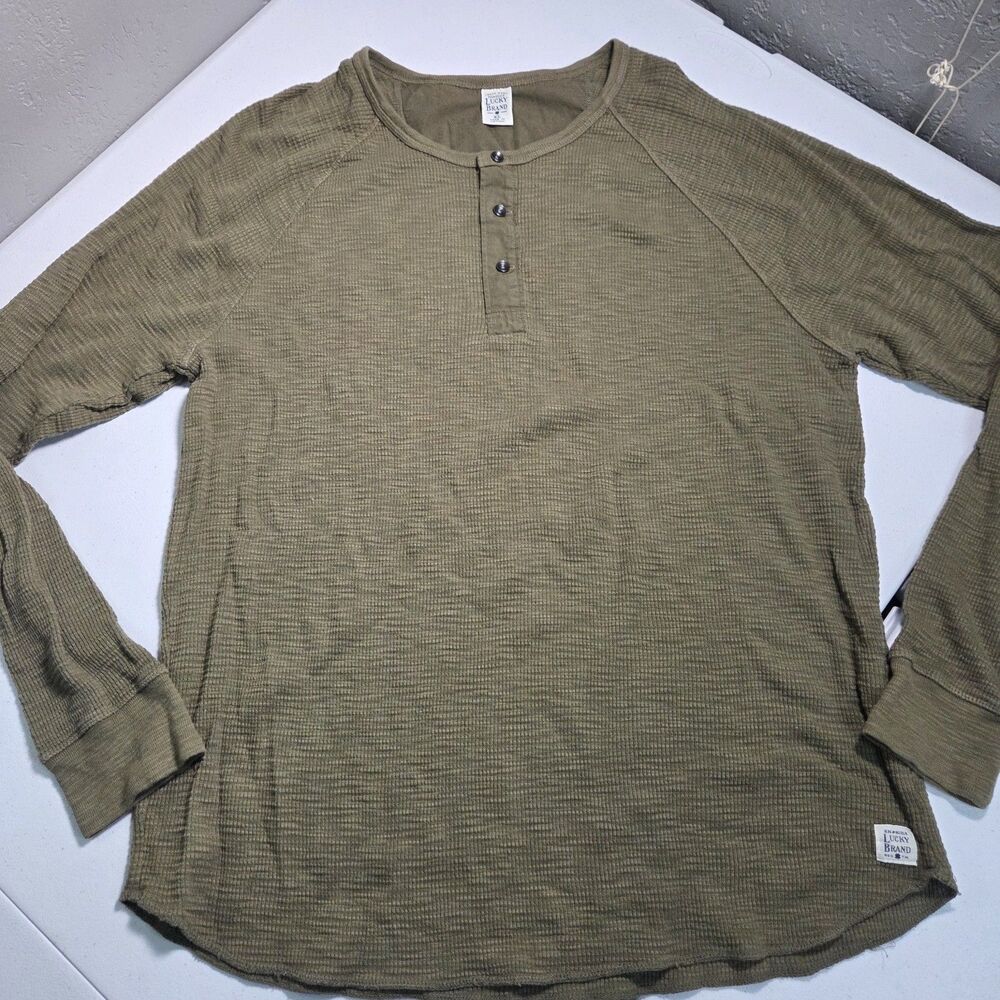 Lucky Brand Waffle Knit Thermal Henley Shirt Mens XL Olive Green Raglan Top